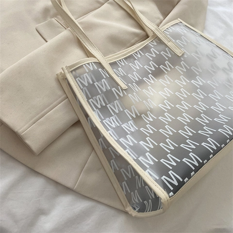 Transparente Tragetasche Monogramm Buchstabe PU Lederbesatz Große Kapazität Handtasche Mit Tasche Schicke Umhängetasche Für Frauen