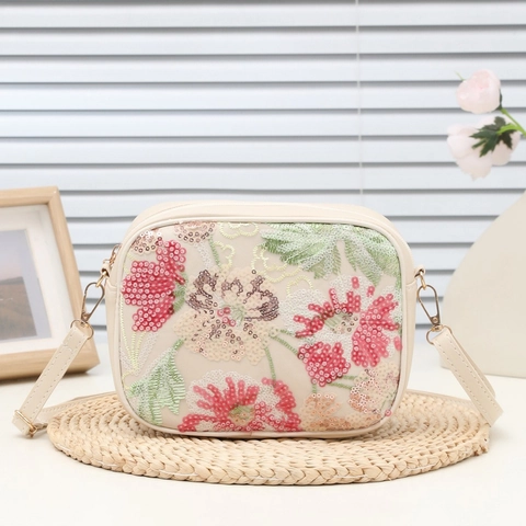 Women Floral Embroidery Sequin Crossbody Bag PU Leather Camera Bag Trendy Small Square Zipper Shoulder Purse