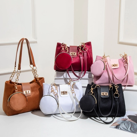 Women Vintage Suede Buckle Tote Bag With Matching Circle Coin Purse Solid Color Chain Shoulder Bag Handbag Set