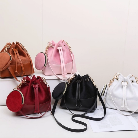 Sac Seau Femme Couture PU Velours Cordon Sac Bandoulière Avec Mini Pochette Ronde Chaîne Décor Élégant