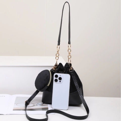 Sac Seau Femme Couture PU Velours Cordon Sac Bandoulière Avec Mini Pochette Ronde Chaîne Décor Élégant