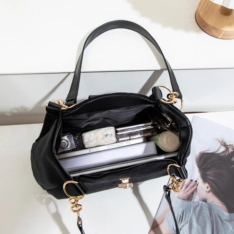 Sac À Main Femme Texture Velours Et Pochette Ronde Amovible Chaîne Dorée Fermoir Tournant Grand Sac À Épaule Élégant