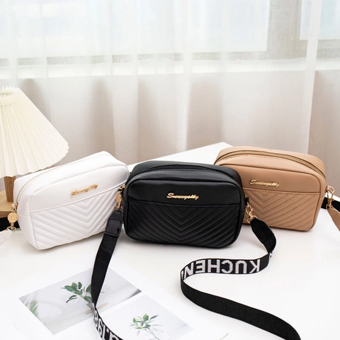 Women Crossbody Bag PU Leather V-Quilted Chevron Camera Bag With Wide Letter Strap Gold Hardware Zipper Closure