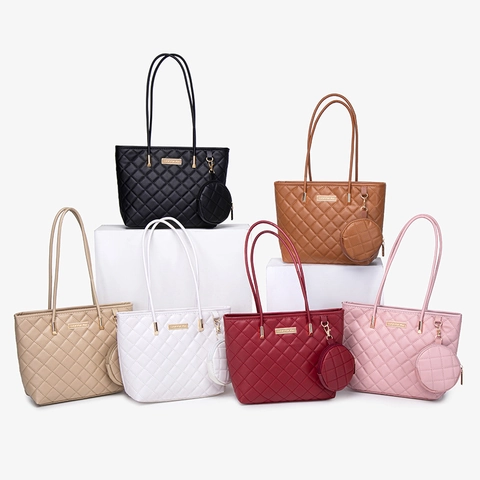 Quilted Tote Bag And Round Coin Purse PU Leather Large Capacity Handbag Commuting Fashion Square Shoulder Bag For Women