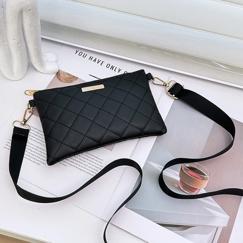 Gewatteerde Crossbody Tas PU Leer Diamant Patroon Gouden Hardware Brede Geweven Riem Casual Chic Voor Dames