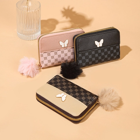 Women Small Wallet PU Leather Zip Around Coin Purse Butterfly Metal Decor Plush Pom Pom Monogram Print Card Holder