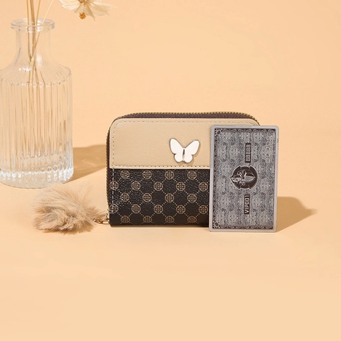 Women Small Wallet PU Leather Zip Around Coin Purse Butterfly Metal Decor Plush Pom Pom Monogram Print Card Holder
