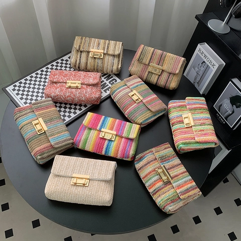 Gewebte Stroh Umhängetasche Bunte Regenbogenstreifen Sommer Strand Urlaub Schultertasche Mit Metallkette Und Verschluss