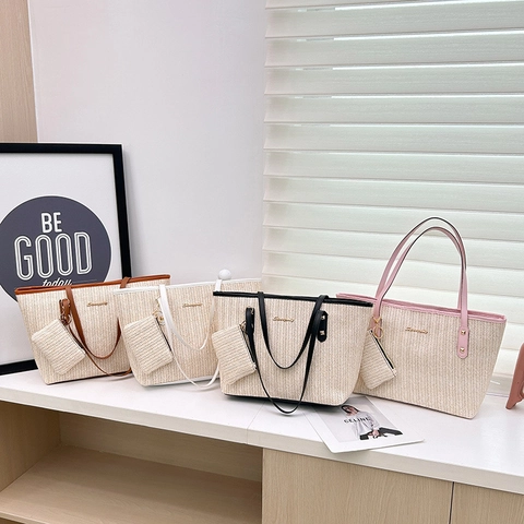 Grand Sac Fourre-Tout Tissé En Paille Et Pochette À Fermeture Éclair Assortie Avec Garniture En Cuir PU Pour Femmes Style Vacances Décontracté