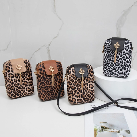 Borsa A Tracolla Per Cellulare Con Stampa Leopardata Per Donna Pelle PU Corona Dorata Nappa Borsa Piccola Retrò Verticale