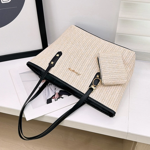 Grand Sac Fourre-Tout Tissé En Paille Et Pochette À Fermeture Éclair Assortie Avec Garniture En Cuir PU Pour Femmes Style Vacances Décontracté
