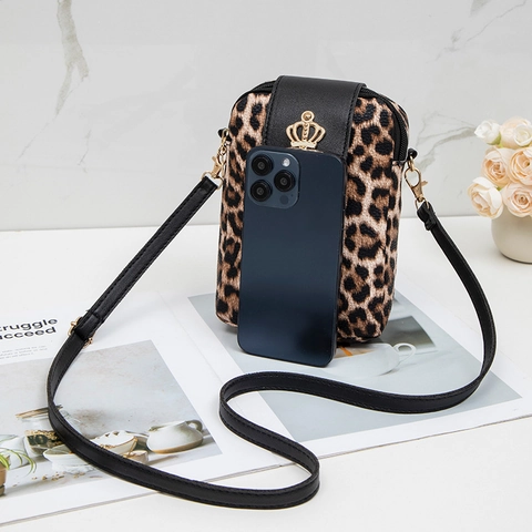 Borsa A Tracolla Per Cellulare Con Stampa Leopardata Per Donna Pelle PU Corona Dorata Nappa Borsa Piccola Retrò Verticale