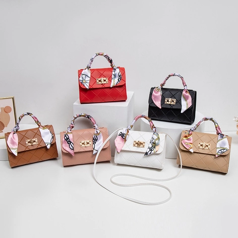 Women Quilted PU Leather Crossbody Bag Rhombic Pattern Satin Scarf Handle Square Handbag Elegant Simple Style