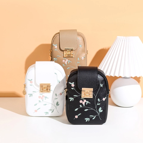 Women Fashion PU Leather Floral Embroidery Mobile Phone Bag Small Square Crossbody Bag With Golden Metal Lock Adjustable Strap
