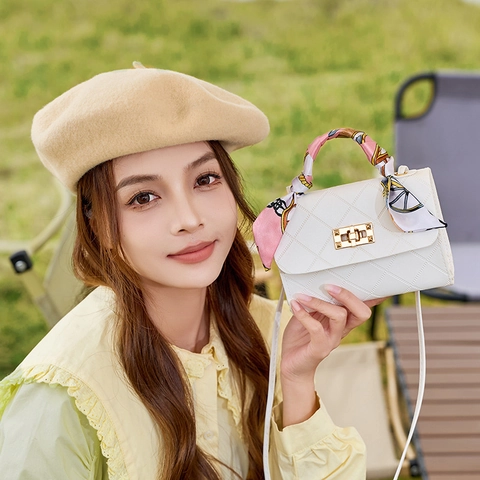 Women Quilted PU Leather Crossbody Bag Rhombic Pattern Satin Scarf Handle Square Handbag Elegant Simple Style