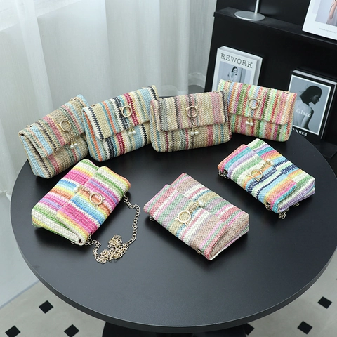 Rainbow Striped Woven Crossbody Bag With Metal Chain And Artificial Pearl Charm Straw Patchwork Square Shoulder Bag For Women