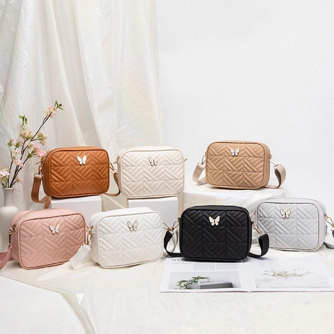 Quilted PU Leather Crossbody Camera Bag With Chic Butterfly Ornament Elegant Small Square Shoulder Bag For Women Travel