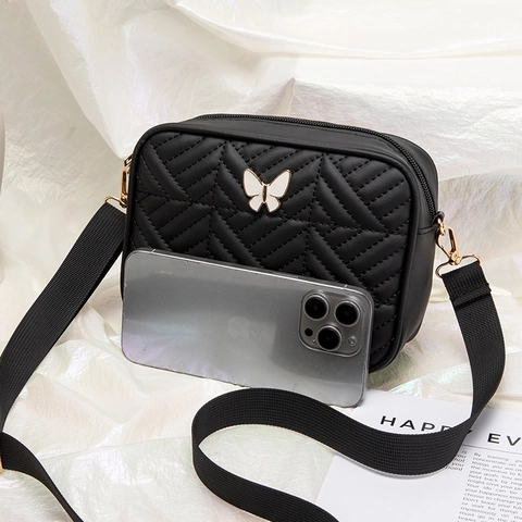 Quilted PU Leather Crossbody Camera Bag With Chic Butterfly Ornament Elegant Small Square Shoulder Bag For Women Travel