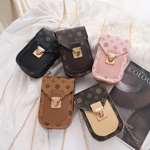 Women Retro Monogram PU Leather Crossbody Phone Bag Mini Vertical Square Flip Push Lock Metal Chain Strap Fashionable