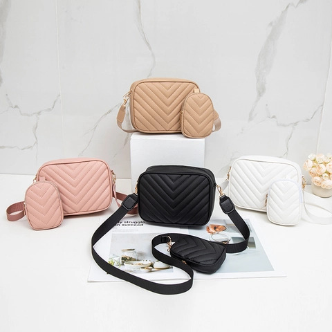 Dames Crossbody Tas Chevron Gewatteerd Camera Tas PU Leer Met Afneembare Mini Buidel Brede Riem Chic Veelzijdig Modern