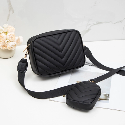 Dames Crossbody Tas Chevron Gewatteerd Camera Tas PU Leer Met Afneembare Mini Buidel Brede Riem Chic Veelzijdig Modern