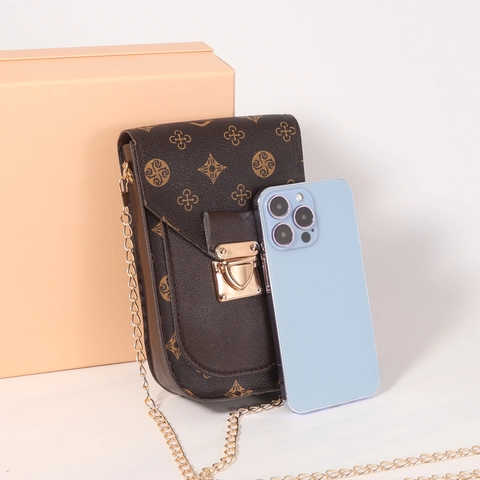 Women Retro Monogram PU Leather Crossbody Phone Bag Mini Vertical Square Flip Push Lock Metal Chain Strap Fashionable