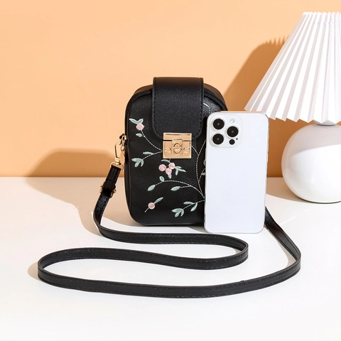 Women Fashion PU Leather Floral Embroidery Mobile Phone Bag Small Square Crossbody Bag With Golden Metal Lock Adjustable Strap