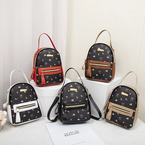 Mini Sac à Dos Femme Cuir PU Imprimé Floral Noeud Petit Mode Polyvalent Sac Bandoulière Pour Usage Quotidien