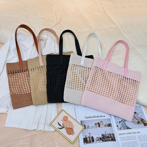 Damen Sommer Strohgeflecht Tote Bag Hohlnetz Schulterhandtasche Große Kapazität Strandurlaubstasche Mit PU-Lederriemen
