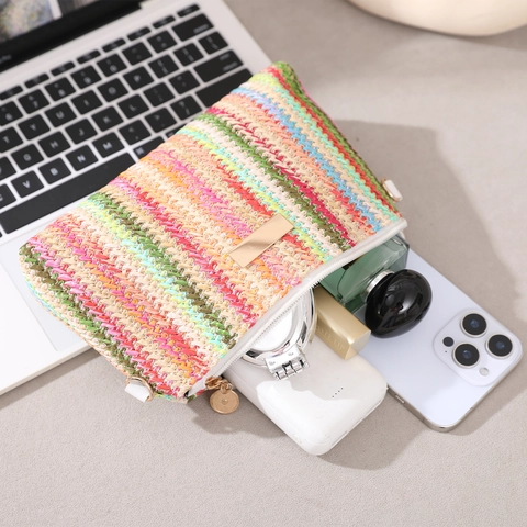 Rainbow Woven Crossbody Bag Women Bohemian Stripe Summer Beach Envelope Shoulder Purse Adjustable Strap Metal Decor