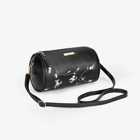 Bolso De Hombro Cilindro Bordado Floral Para Mujer Bolso Cruzado De Barril De Cuero PU Elegante Con Lentejuelas Y Correa