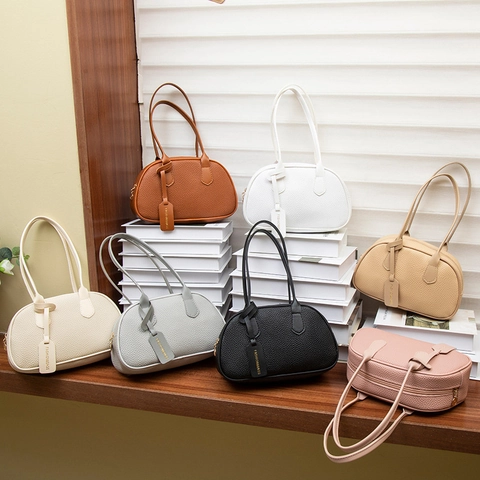 Sac À Bandoulière Pour Femmes Motif Litchi Cuir PU Grande Capacité Style Bowling Sac À Main Mode Casual Pour Dames