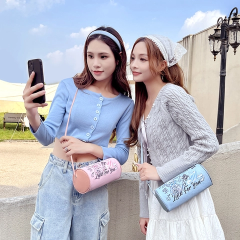 Dames Cartoon Graffiti Cilinder Schoudertas PU Leer Crossbody Mini Barrel Bag Casual Street Style
