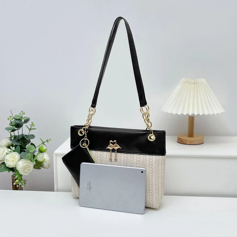 Gewebte Stroh PU Leder Schultertasche Mit Kleiner Tasche Goldener Schwan Kettengurt Große Kapazität Tote Für Damen