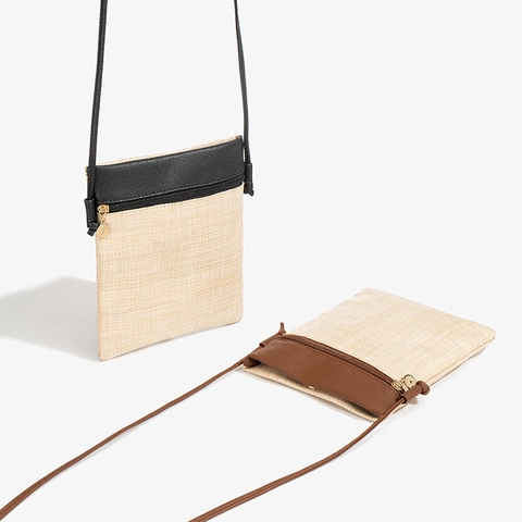Women Woven Straw PU Leather Mini Crossbody Phone Bag Summer Beach Contrast Color Small Shoulder Bag Zipper Closure