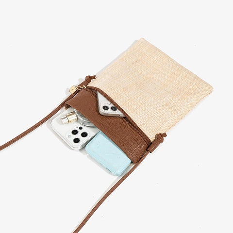 Women Woven Straw PU Leather Mini Crossbody Phone Bag Summer Beach Contrast Color Small Shoulder Bag Zipper Closure
