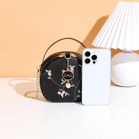 Bolso Bandolera Redondo Pequeño Para Mujer Cuero PU Bordado Floral Bolso De Mano Circular Con Colgante De Gato Elegante