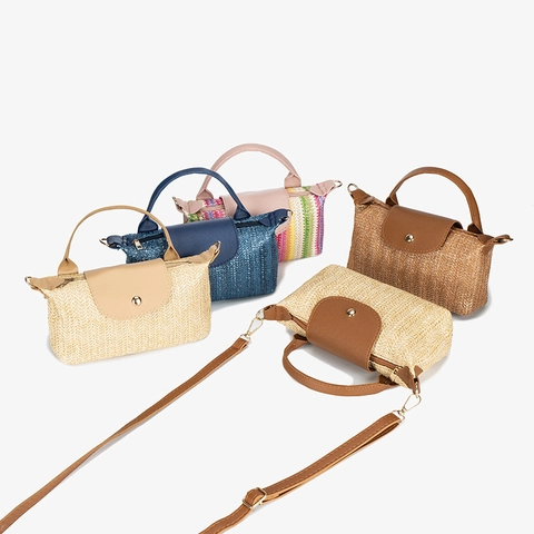 Straw Woven Handbag PU Leather Contrast Color Summer Vacation Crossbody Bag Woven Pattern Small Tote For Women
