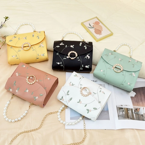Floral Embroidery Handbag PU Leather Artificial Pearl Handle Crossbody Bag Small Square Sweet Korean Style For Women Metal Chain