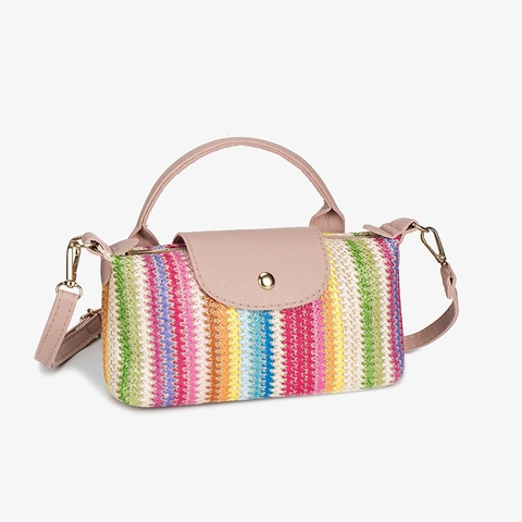 Straw Woven Handbag PU Leather Contrast Color Summer Vacation Crossbody Bag Woven Pattern Small Tote For Women