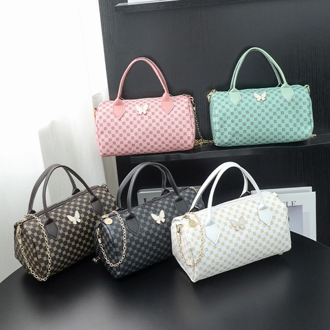 Women PU Leather Boston Pillow Handbag Butterfly Charm Monogram Crossbody Bag Vintage Chain Shoulder Bag Daily Office Purse