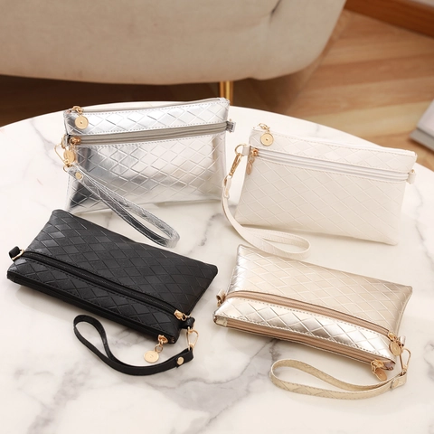 Fashion Women Quilted Embossed Clutch Bag PU Leather Double Zipper Chain Strap Wristlet Envelope Pouch