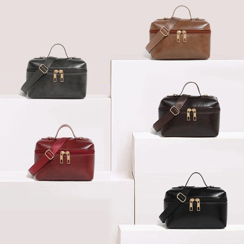 Borsa A Mano Squadrata Da Donna In Pelle Sintetica Texture Olio Vintage Borsa A Tracolla Doppia Cerniera Stile Beauty Case