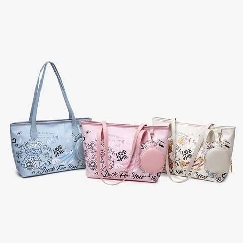 Graffiti Bear Print PU Leather Tote Bag And Matching Round Pouch Large Capacity Fashion Streetwear Handbag For Women