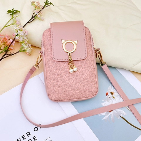 Women Mini Crossbody Shoulder Bag PU Leather Woven Texture Cat Ear Buckle Artificial Pearl Tassel Phone Purse Casual Travel