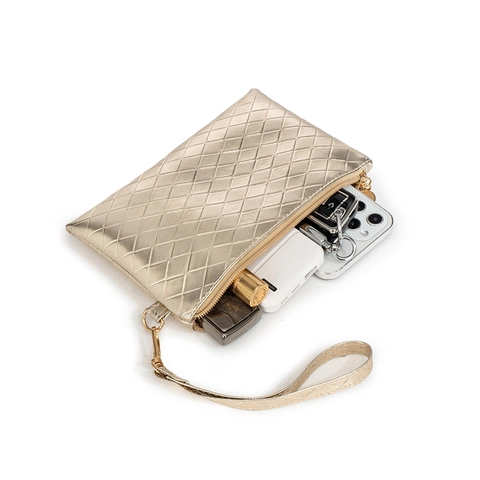Gewatteerde Metallic PU-Lederen Clutch Tas Voor Dames Met Polsbandje Diamantpatroon Avondfeest Handtas