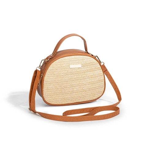Sac À Main En Paille Tissé Femmes PU Cuir Patchwork Demi-Circulaire Sac Bandoulière Été Plage Vacances Style Rétro Mode