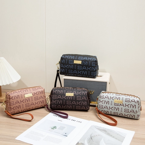 Vintage Letter Print PU Leather Clutch Bag With Wristlet Strap Monogram Zipper Makeup Organizer Pouch