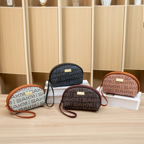 Bolso De Mano De Cuero PU Con Estampado De Monograma Semicírculo Con Correa Para Muñeca Cremallera Neceser Elegante