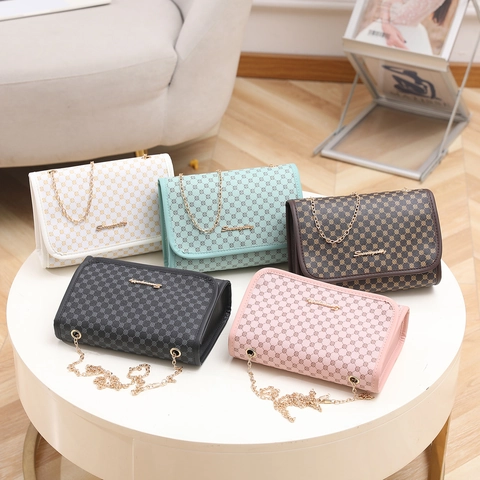 Women Classic Print Shoulder Bag PU Leather Flap Small Square Crossbody With Metal Chain Strap Urban Simple Handbag